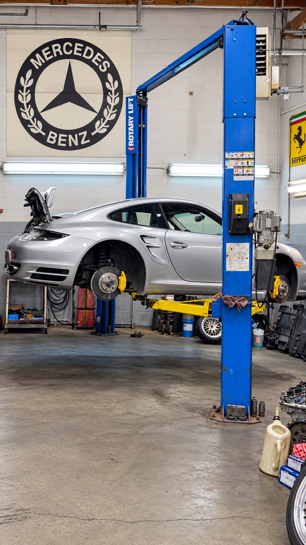 Brake service in progress on a vehicle lift